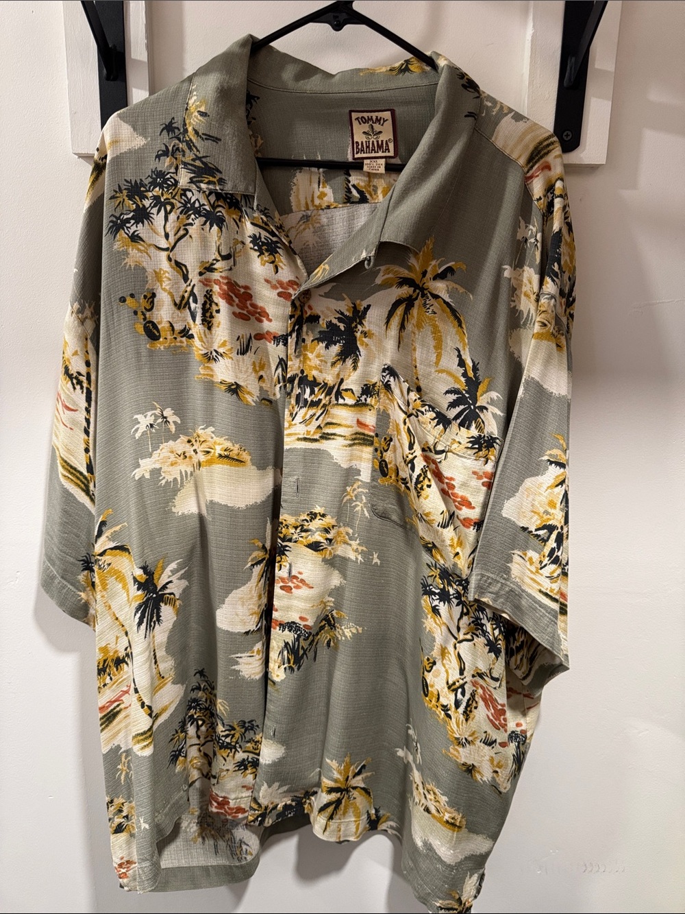 Tommy Bahama Olive & Cream Palm-Print Camp Shirt with Yellow Accents
